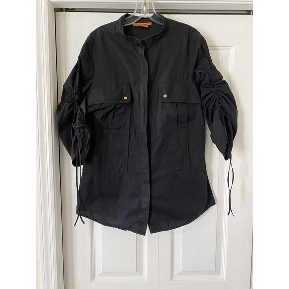TORY BURCH BLACK COTTON MOCK COLLAR 3/4 SLEEVE BLOUSE SIZE 4-POCKETS - Picture 11 of 13